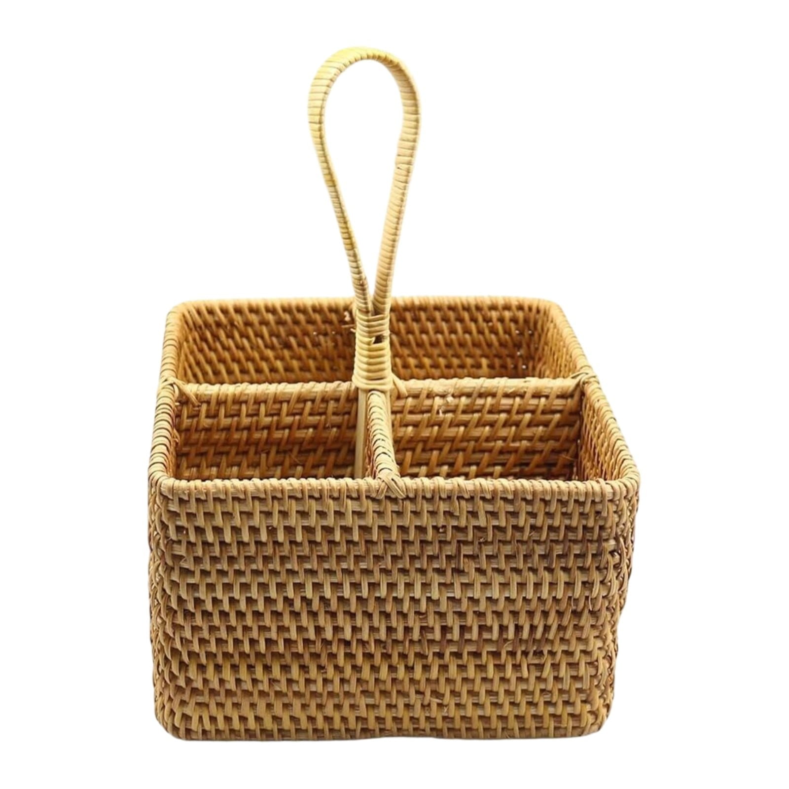 Utensil Holder for Party, Utensil Caddy Wicker Plate Holder with Handle, Sturdy Silverware Holder Ratton Divided Basket, Countertop Caddy Picnic Cutlery Holder, Pantry Organizers And Storage, 1 Pack