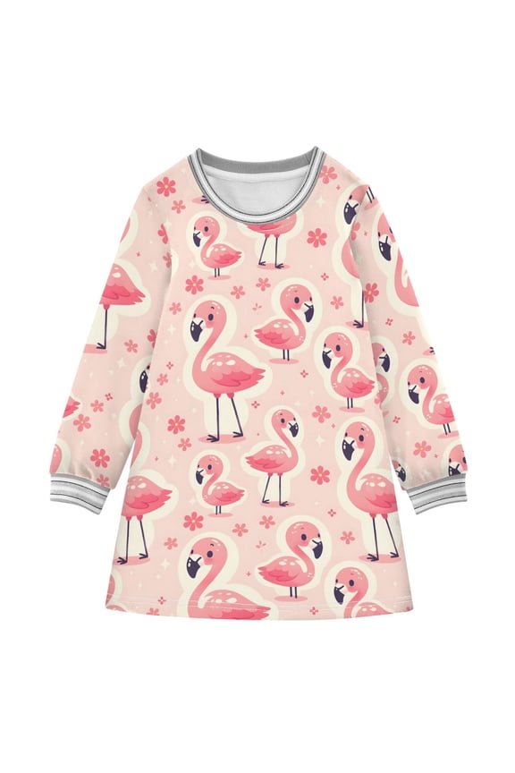 long-sleeved dress Cute Flamingo Overlay Image A-line dress with ribbed cuffs Soft and comfortable