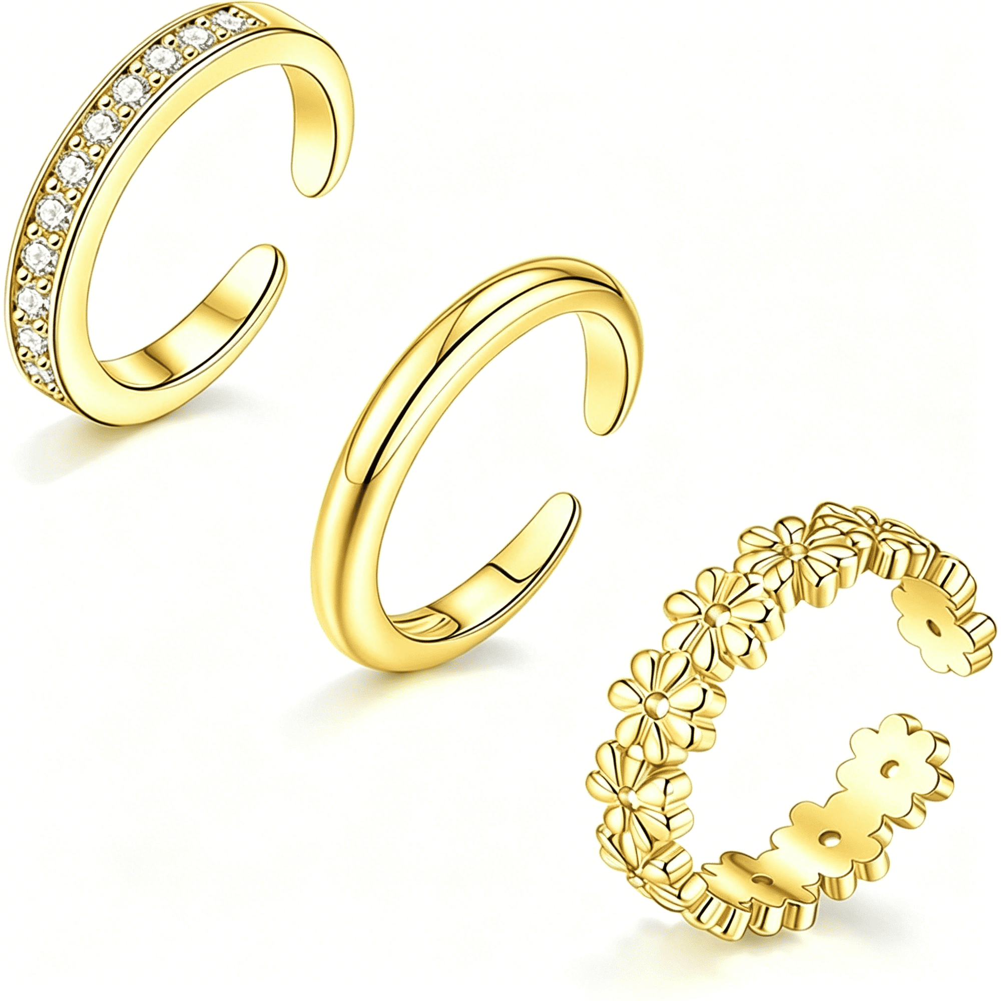 DESIGNICE 3Pcs Toe Rings for Women Non Tarnish-Adjustable 14K Gold Plated Toe Ring Silver Dainty Open Toe Rings Set Waterproof Summer Beach Foot Jewelry