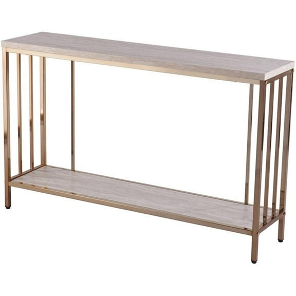 Maklaine Engineered Wood Faux Stone Top Console Table in Champagne and White