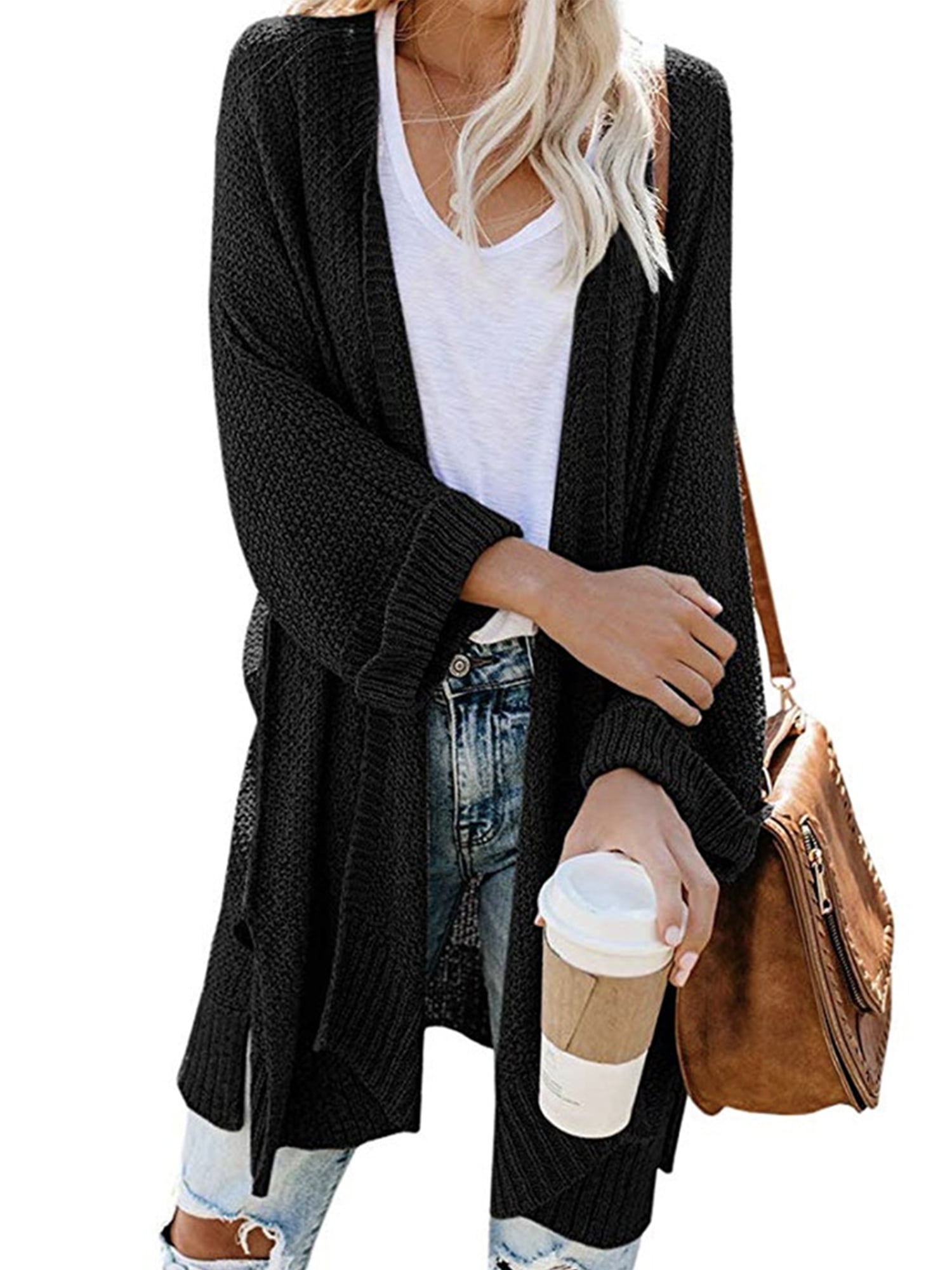 Open Front Short Sleeve Cardigans for Women,Women Winter Batwing Sleeve Solid Knitted Bandage Sweater Coat Tops Blouse
