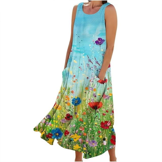 RKSTN Robes d'Été pour Femmes Décontractées Fluides Amples Grande Taille Robes avec Poches Mode Bohème à Imprimé Floral Sans Manches à Col Rond Robes Maxi