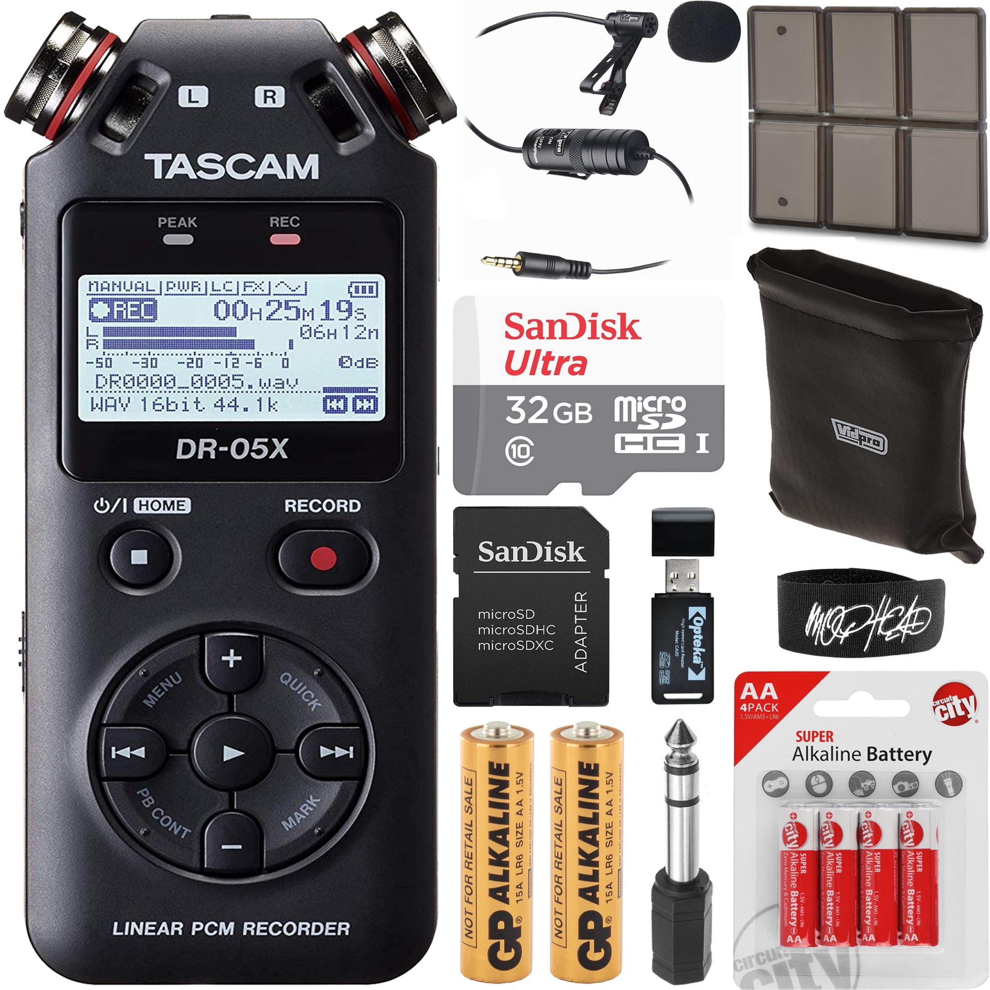 Tascam DR-05X Stereo Handheld Digital Audio Recorder USB Audio Interface  Bundle with 32GB Memory Card, Lapel Microphone, AA Batteries, Cable Tie,  Card