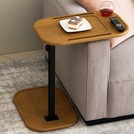TV Tray Table Adjustable Height Swivel Tray Tables for Couch, Acacia Wood Couch Side Table for Drinks, Snacks and Small Space, C Shaped End Table Couch Arm Table for Sofa, Bed or Chair