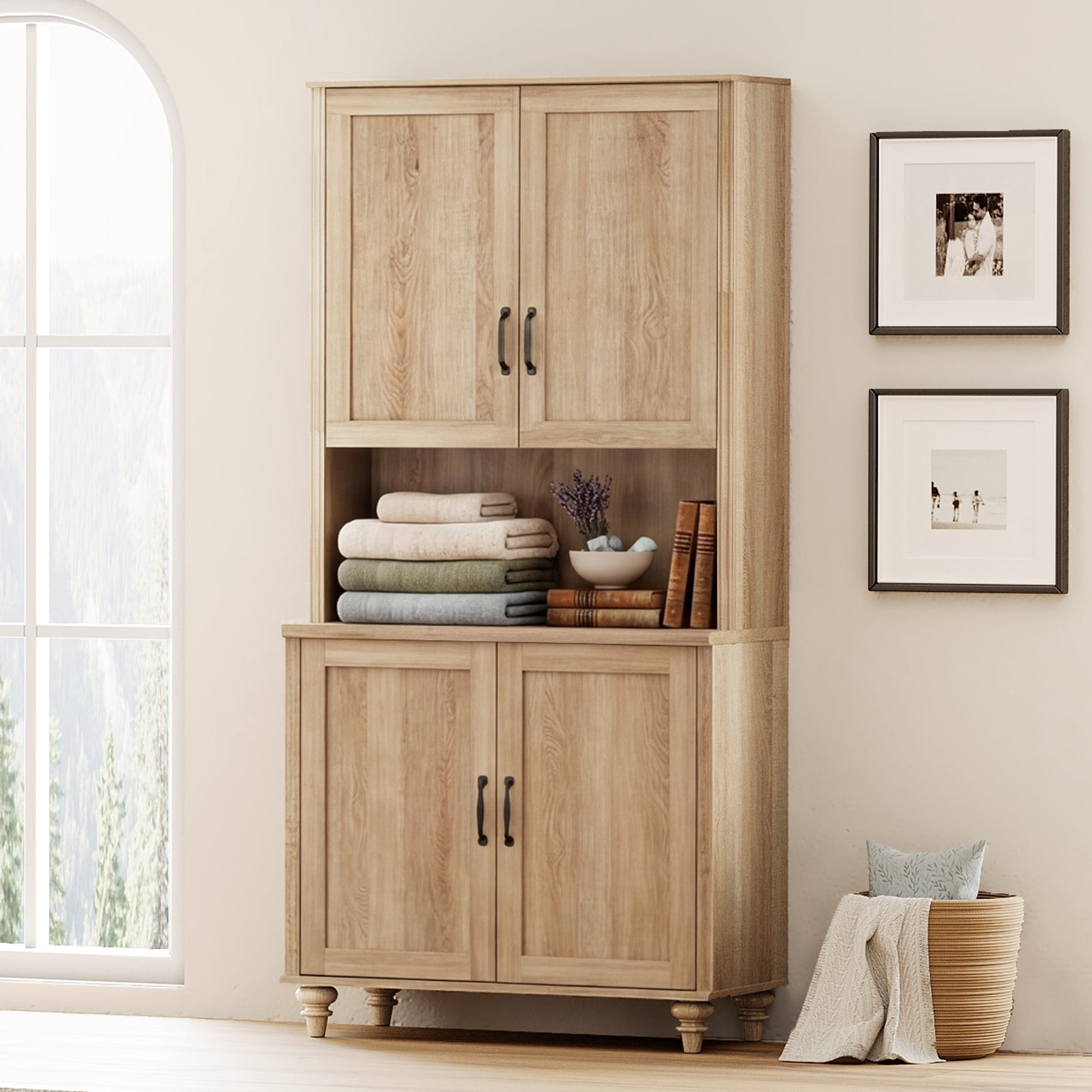 Oak 5-Tier Bookcase with Wood Doors, Bookshelf with Ample Storage Cabinet, Farmhouse Library Wooden Bookshelves for Living Room, Office, Kitchen