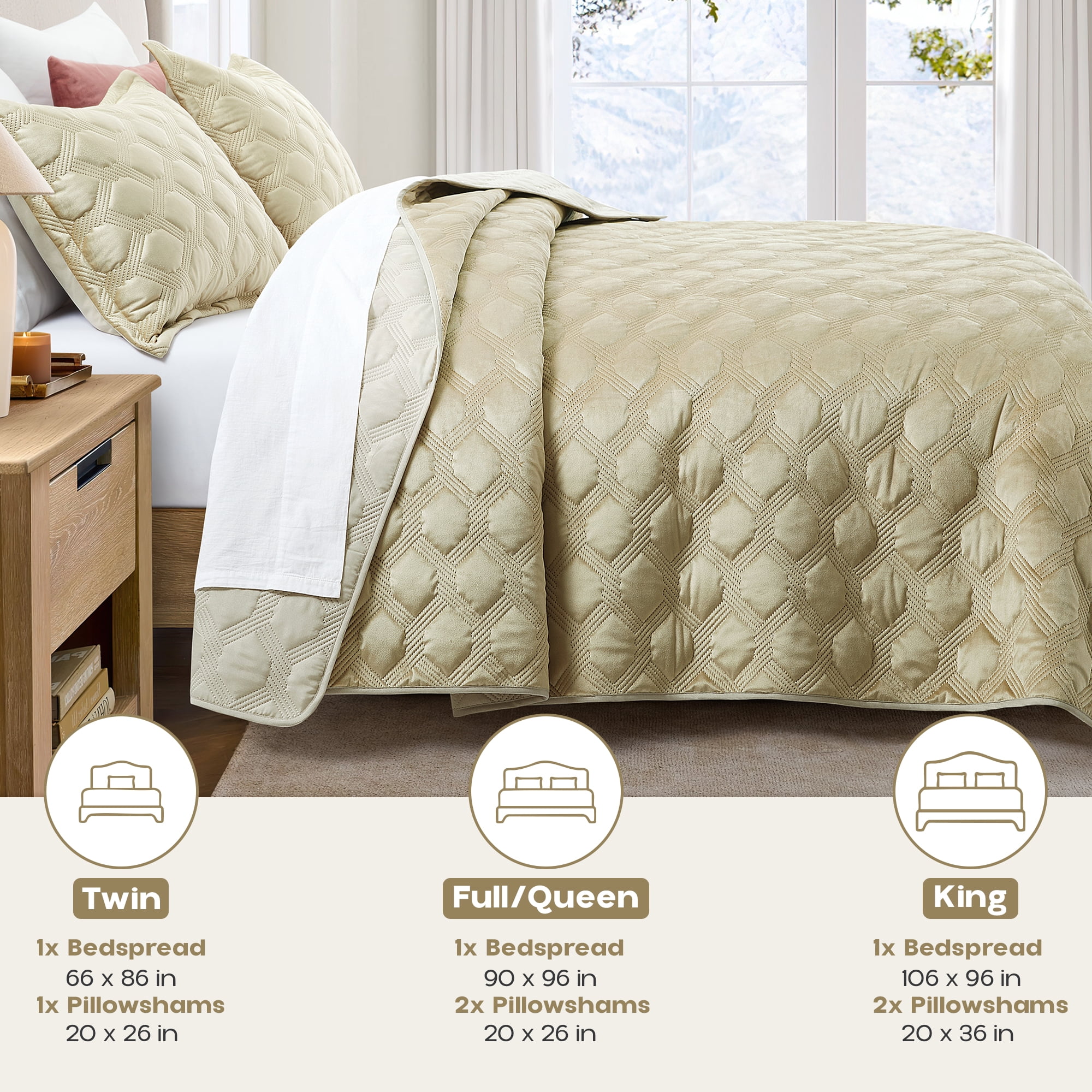 Ameha Velvet Quilt Set 3 Piece Geometric Ultrasonic Embossed Bedspread Reversible 350GSM Soft Microfiber Bedding Beige Full/Queen