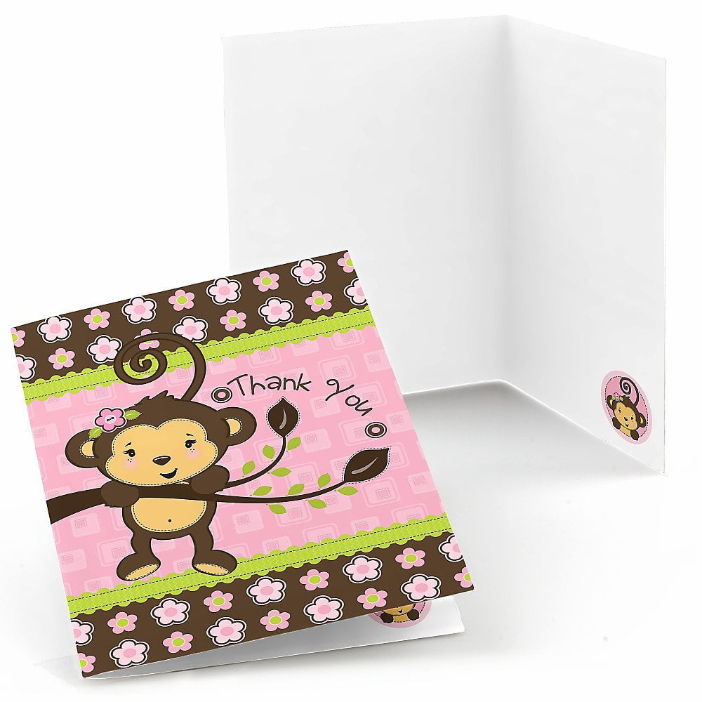 Monkey Girl Baby Shower or Birthday Party Thank You Cards (8 count