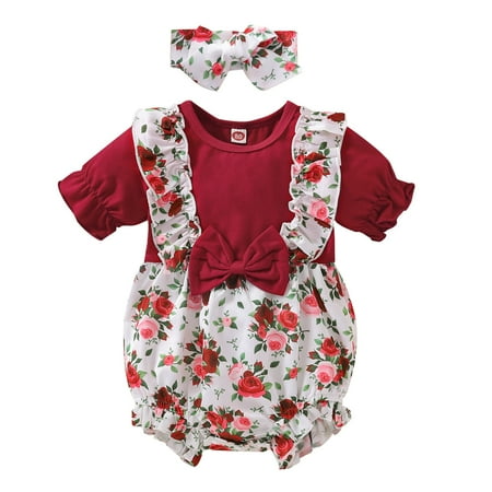 

GEZHEN Girls Romper Infant Printed Sunflower Sleeve Bowknot Headbands Baby Bodysuit Set Short Romper Floral Romper&Jumpsuit