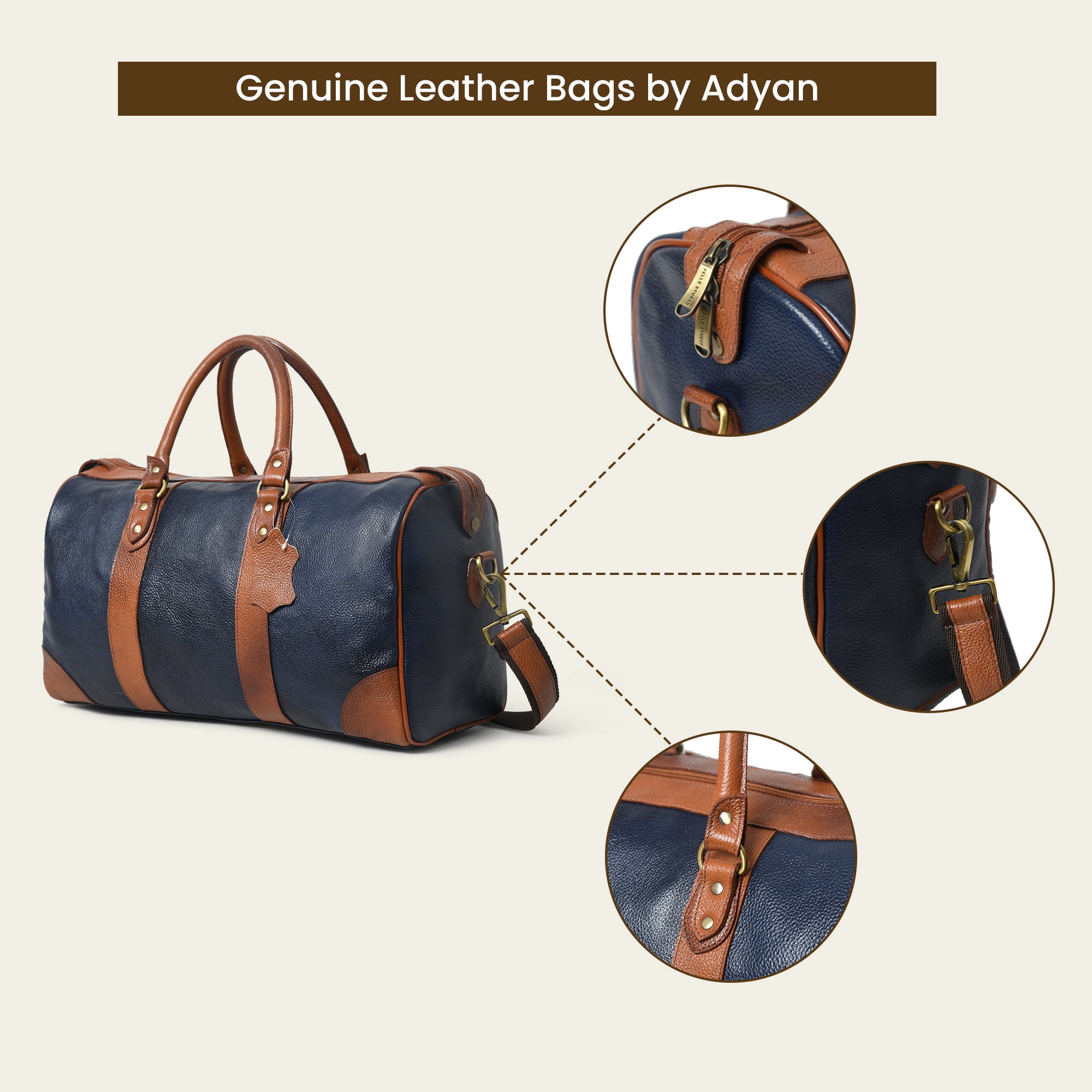 Leather Duffle Weekender Bag 18" – Handmade Soft Cowhide Travel Duffel for Men & Women with Brass Fittings, Navy Blue