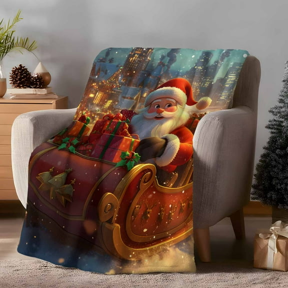 Throw Blanket Fleece Throw Blanket 40x50in, Christmas Santa Claus Sled Reindeer Soft Lightweight Bed Blankets Gift Santa Hats Snowflake Fuzzy Couch Blankets for All Season