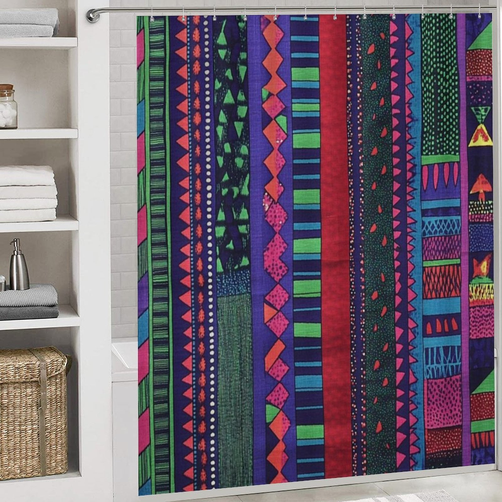 Purple And Blue Geometric Shapes Shower Curtain Sets with Rugs 4 Piece Non-Slip Rugs And Toilet Mat Lid Rug Accessories Bohemian Modern Durable And Waterproof for Bathtub Decor
