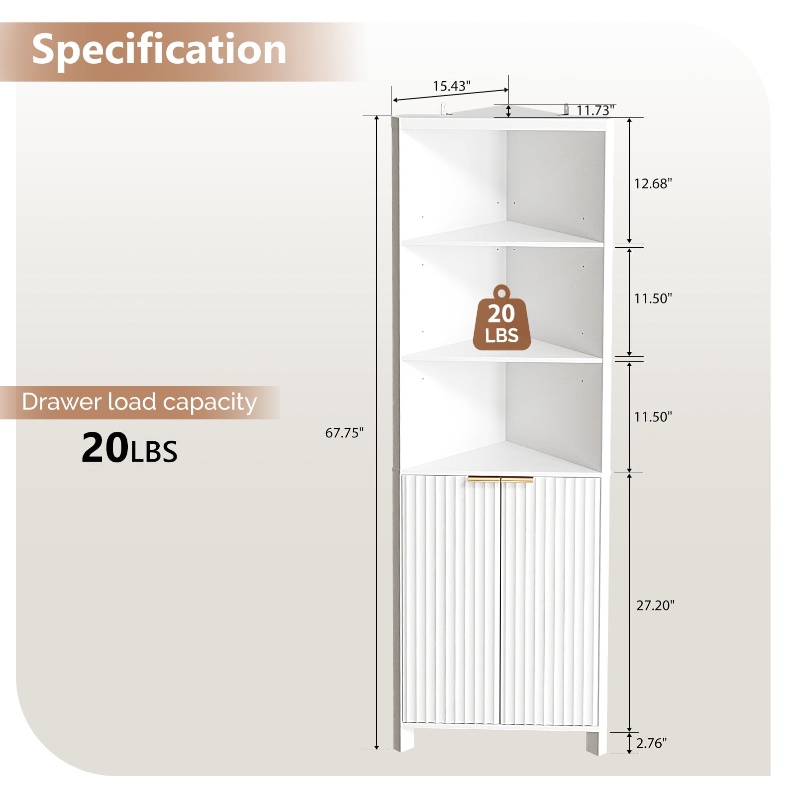 Ktaxon Corner Bathroom Cabinet with Fluted Double - doors, 5 - Tier Freestanding Storage, White
