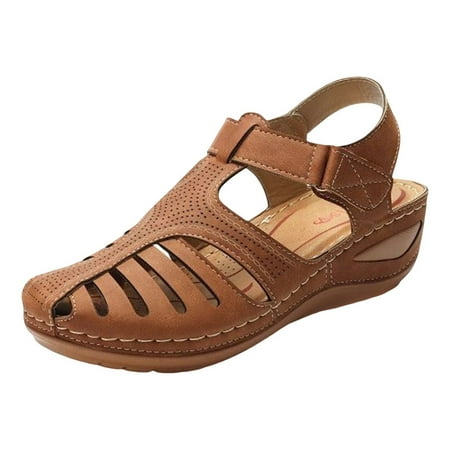 

ZTTD Summer Cool Comfortable Retro Lady Sandals Car Holes Non Slip Non Grinding Feet Big Size Round Headpie Sandals Female Brown