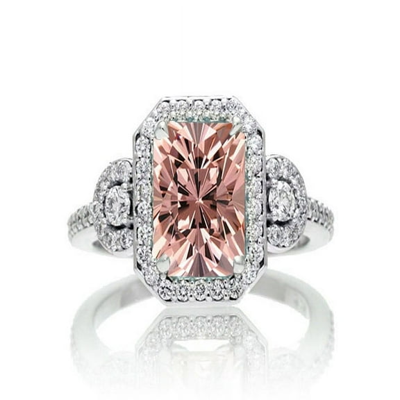 1.5 Carat Emerald Cut Three Stone Morganite Halo Diamond Ring on 10k White Gold