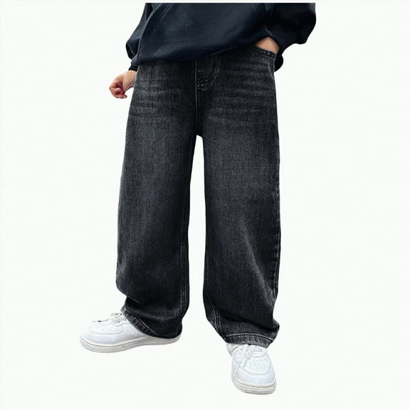 MYShe Baggy Jeans Boys Baggy Jeans Hip Hop Straight Wide Leg Denim Pants Streetwear Cool Autumn Casual Loose Trouser Black,15-16 Years