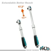 HB 1/2 Drive Extendable Ratchet Handle AHU040-U | 72-Tooth Quick Release | Extends Up to 17.3 | 5° Arc Swing for Tight Spaces | Chrome Vanadium Steel Micro-Chrome Finish | Made in Taiwan