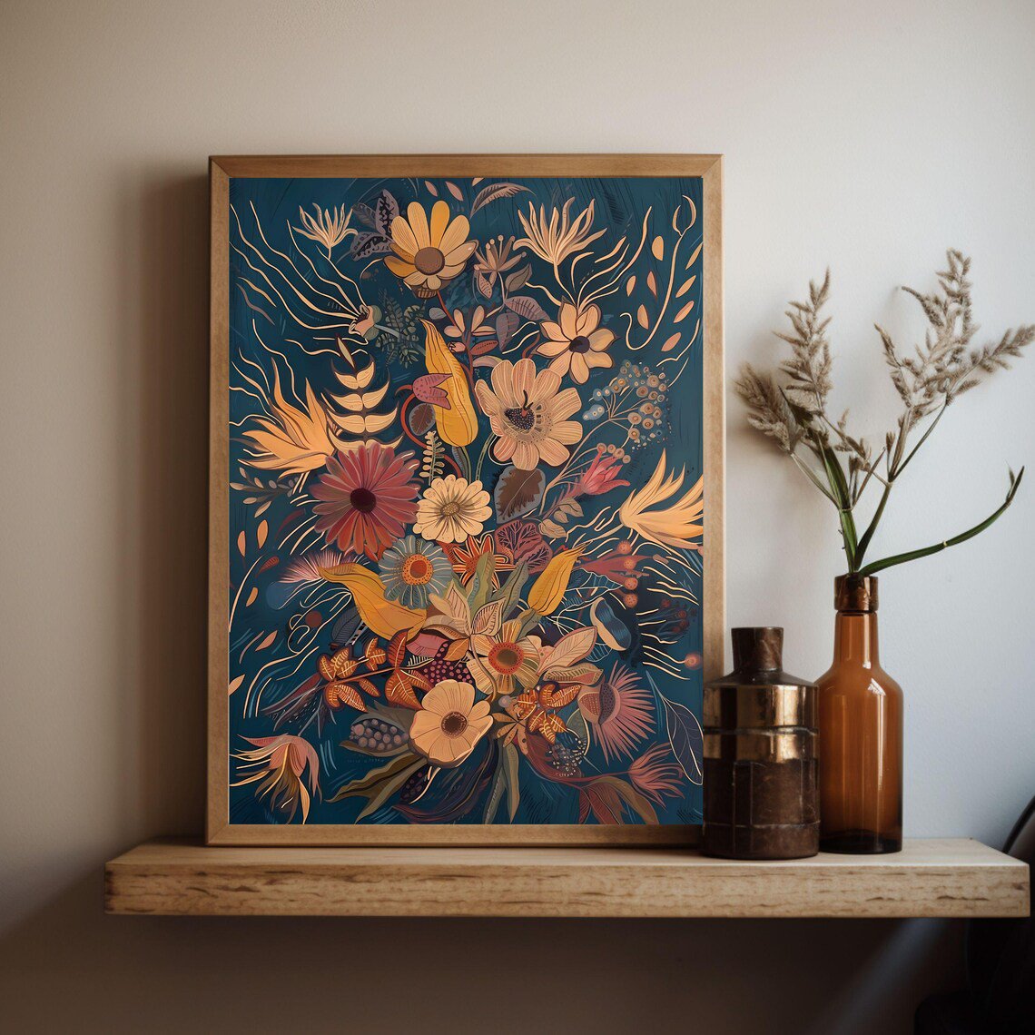 Mid Century Wildflower Bouquet Wall Art Print Abstract Boho Botanical Decor