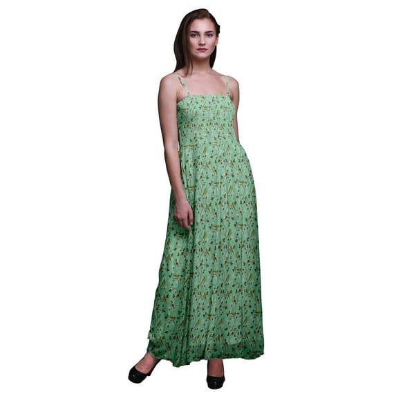 Bimba Leaves & Flowerpecker Bird Print Women Long Maxi Tube Smocked Bodice Dress-X-Large