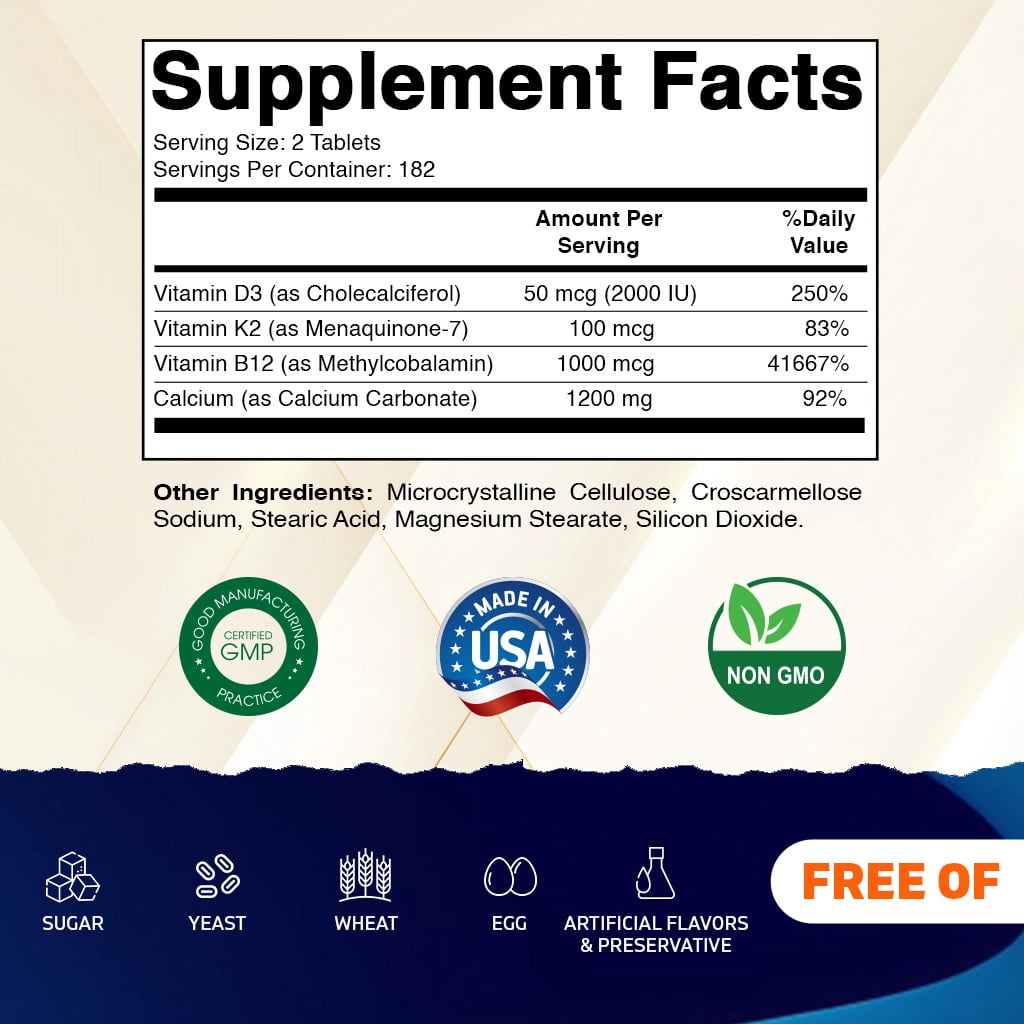 (2 pack) Vitamatic Calcium Supplement 1200mg with D3, K2 & B12, Immune & Bone Health Support - 365 Coated Tablets