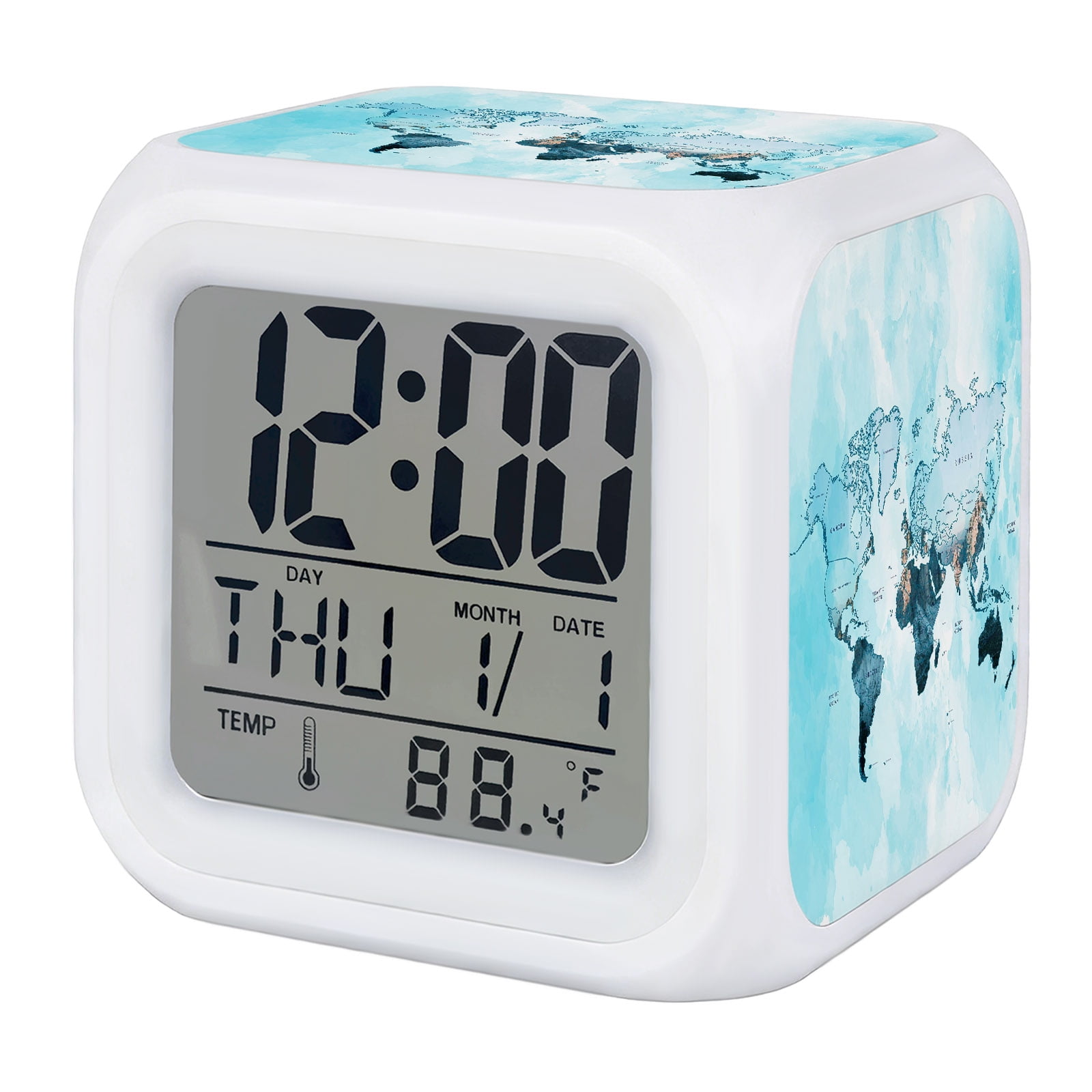World Map Alarm Clock, Blue Map Abstract Digital Clock Night Light with 7 Color, Calendar Temperature Display, LED Desk Small Clock for Bedrooms Bedside Living Room
