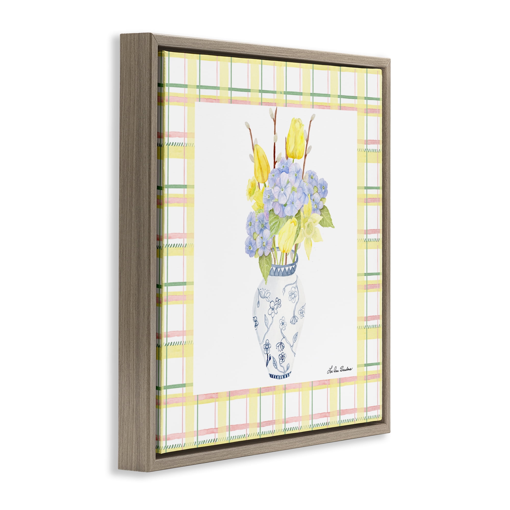 Spring Vase on Yellow Plaid Brown Framed Floater Canvas Wall Art, design by Lee Ann Sanders