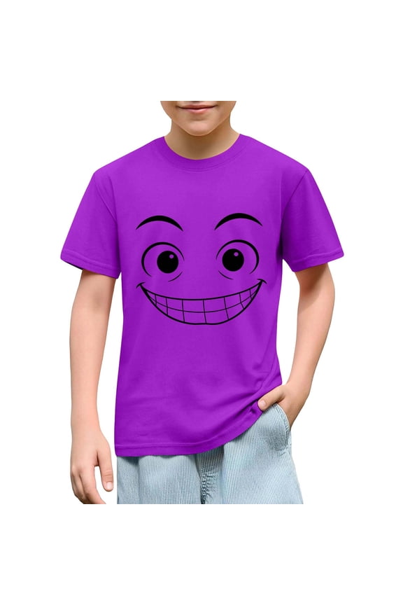 Youth Boys Funny Graphic T Shirts Cute Big Grinning Smile Face Cartoon Print Short Sleeve Crewneck Soft Comfy Breathable Summer Casual Daily Playwear School Holiday Novelty Pullover Tops