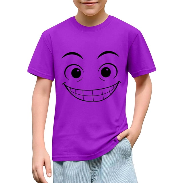 Blusas y camisas de manga corta con cuello redondo para niños y niñas, color liso, con estampado de expresión linda, manga corta, holgadas y cómodas, blusa para niña