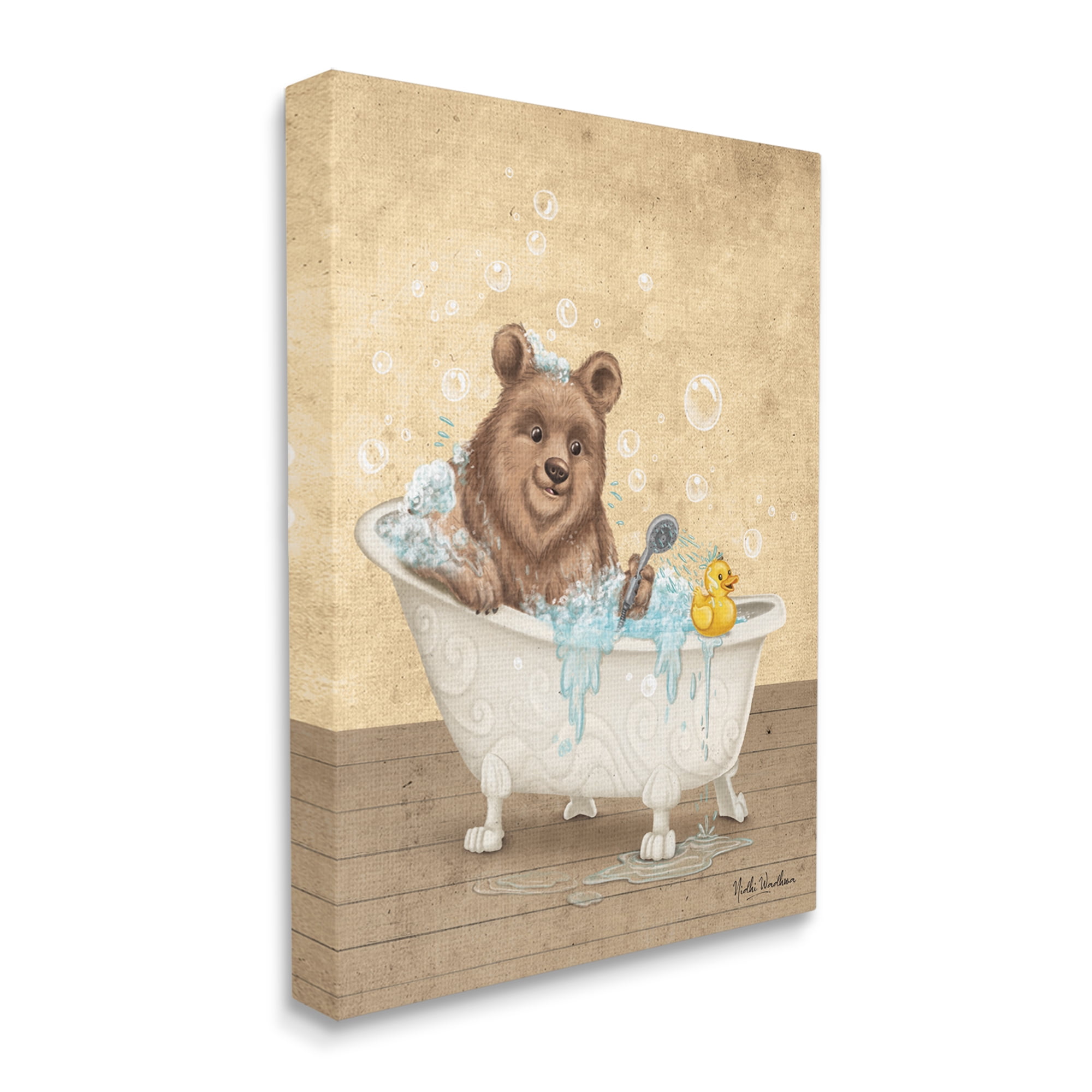 Stupell Industries Bear & Rubber Duck Bath Animals & Insects Painting Gallery Wrapped Canvas Print Wall Art, 16 x 20