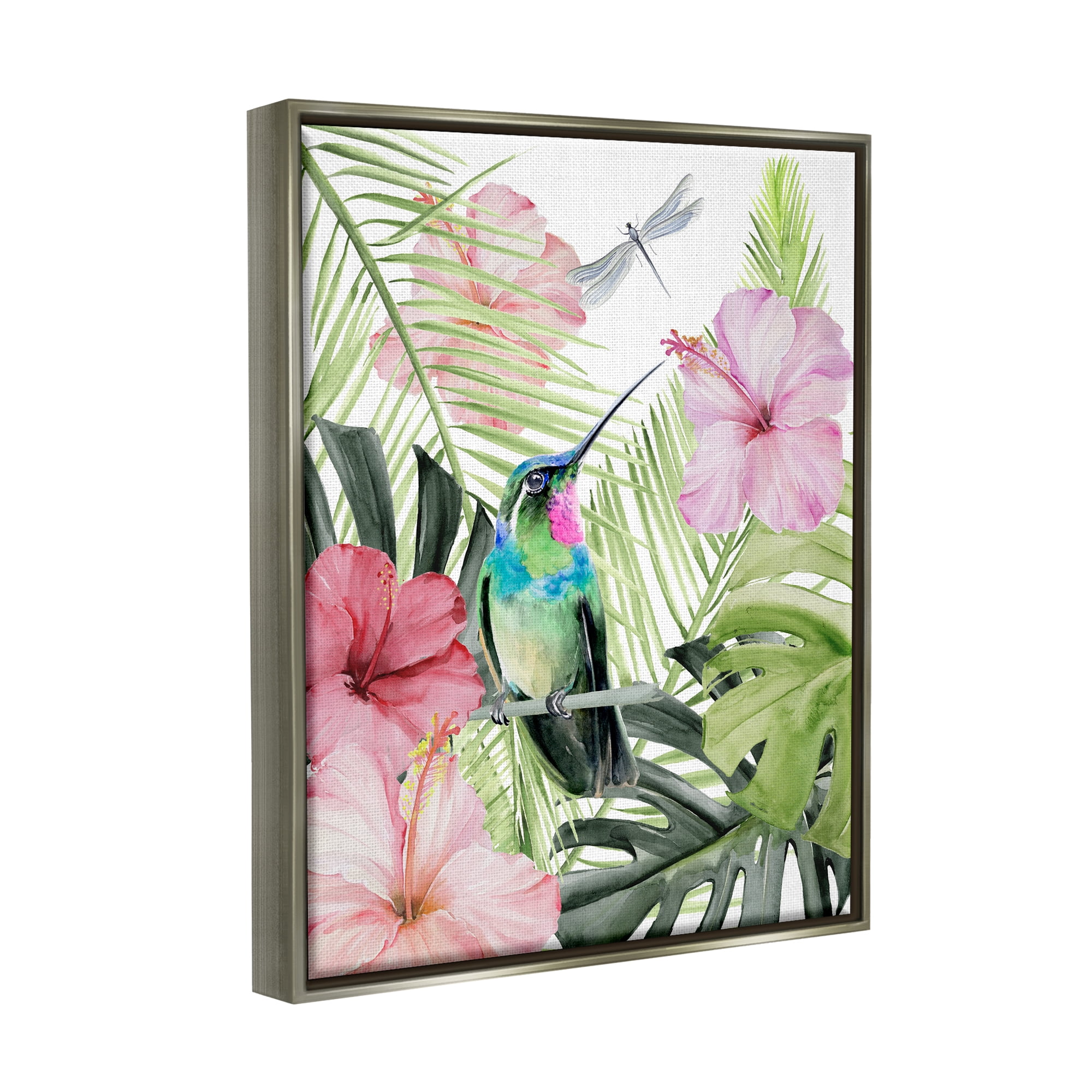 Stupell Industries Hummingbird Tropical Hibiscus Animals & Insects Painting Gray Floater Framed Art Print Wall Art