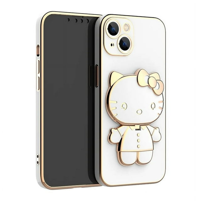 Cute Hello Kitty Mirror Bracket Holder Case For iPhone 15 11 12 13 14 Pro Max Mini XR XS X 8 7 6 Plus SE 2020 Plating Back Cover RJ