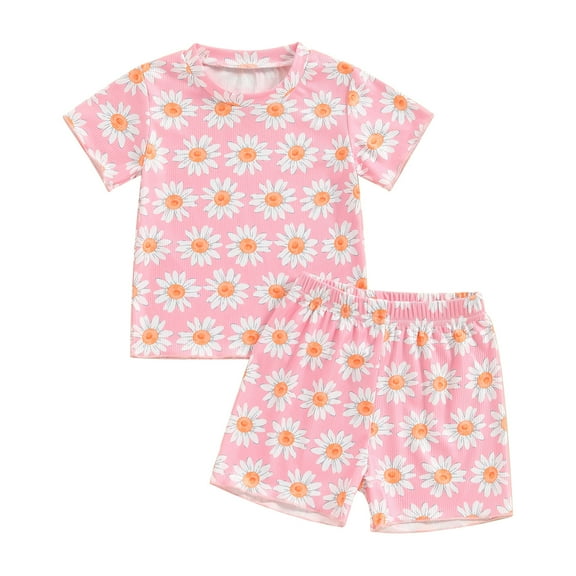 Aojekbee Kids Girls Shorts Set, Flower Print Short Sleeve Crew Neck T-shirt with Shorts Summer Outfit