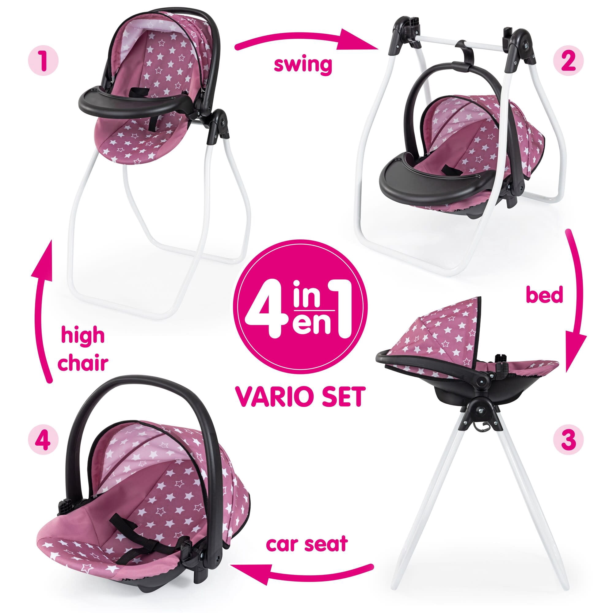 Bayer Design: Doll 4-In-1 Vario - Pink & White Stars - Convertible Toy: Highchair-Swing-Bed-Car Seat, All-In-1 Care Accessory Fits 18" Dolls, Kids 3+
