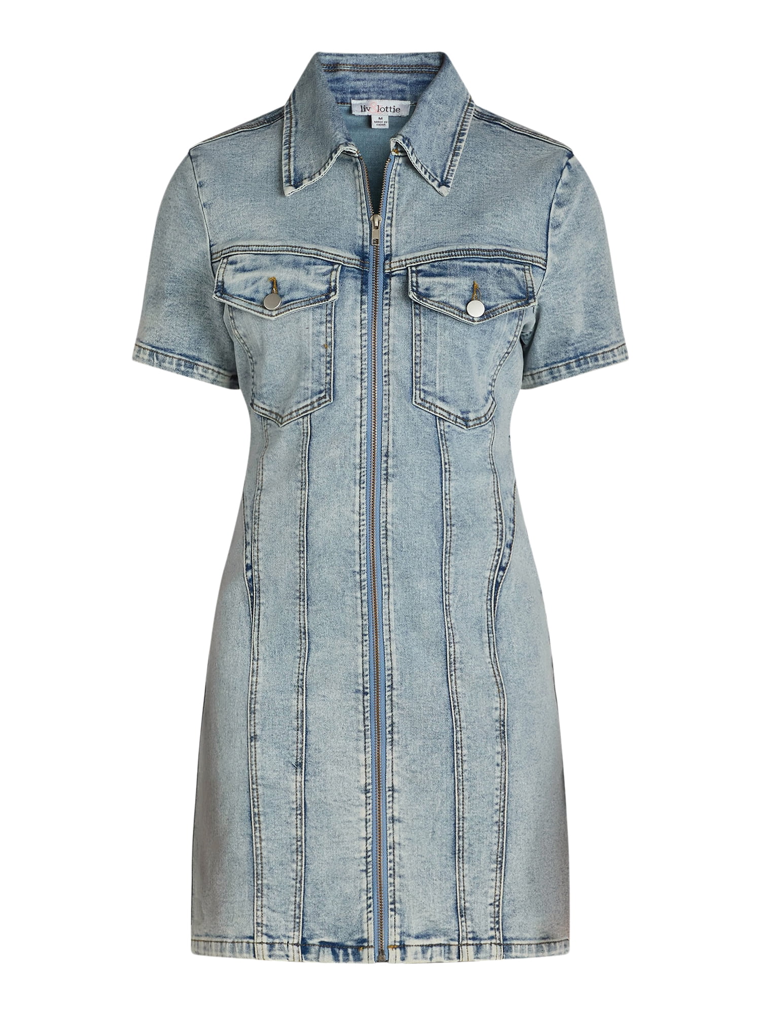 white christmas dresses Raw Hem Star Short Sleeve Denim Dress – Charming Charlie main image 0