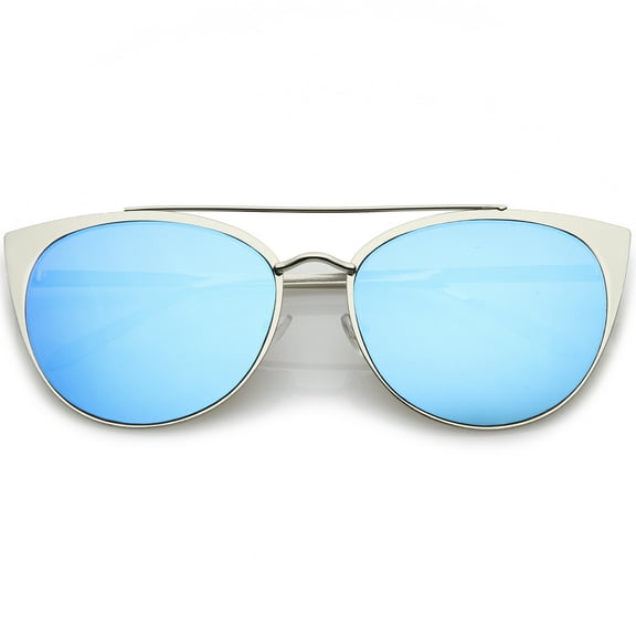 Women's Oversize Metal Crossbar Mirrored Flat Lens Cat Eye Sunglasses 61mm (Shiny Silver / Blue Mirror)