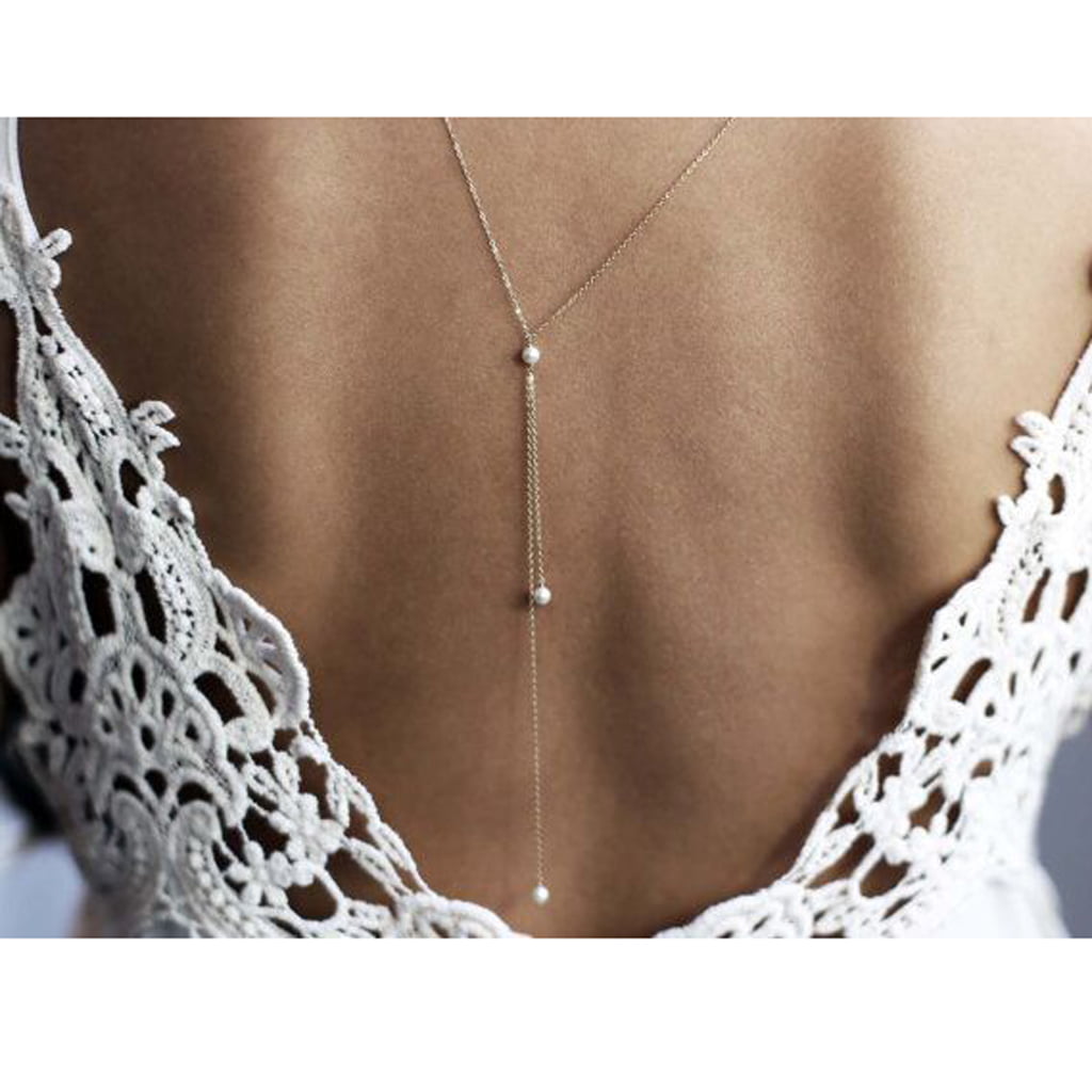 Wedding Bridal Backdrop Necklace Simulated Pearls Back Chain Bikini Bodychain （Gold） Sarora