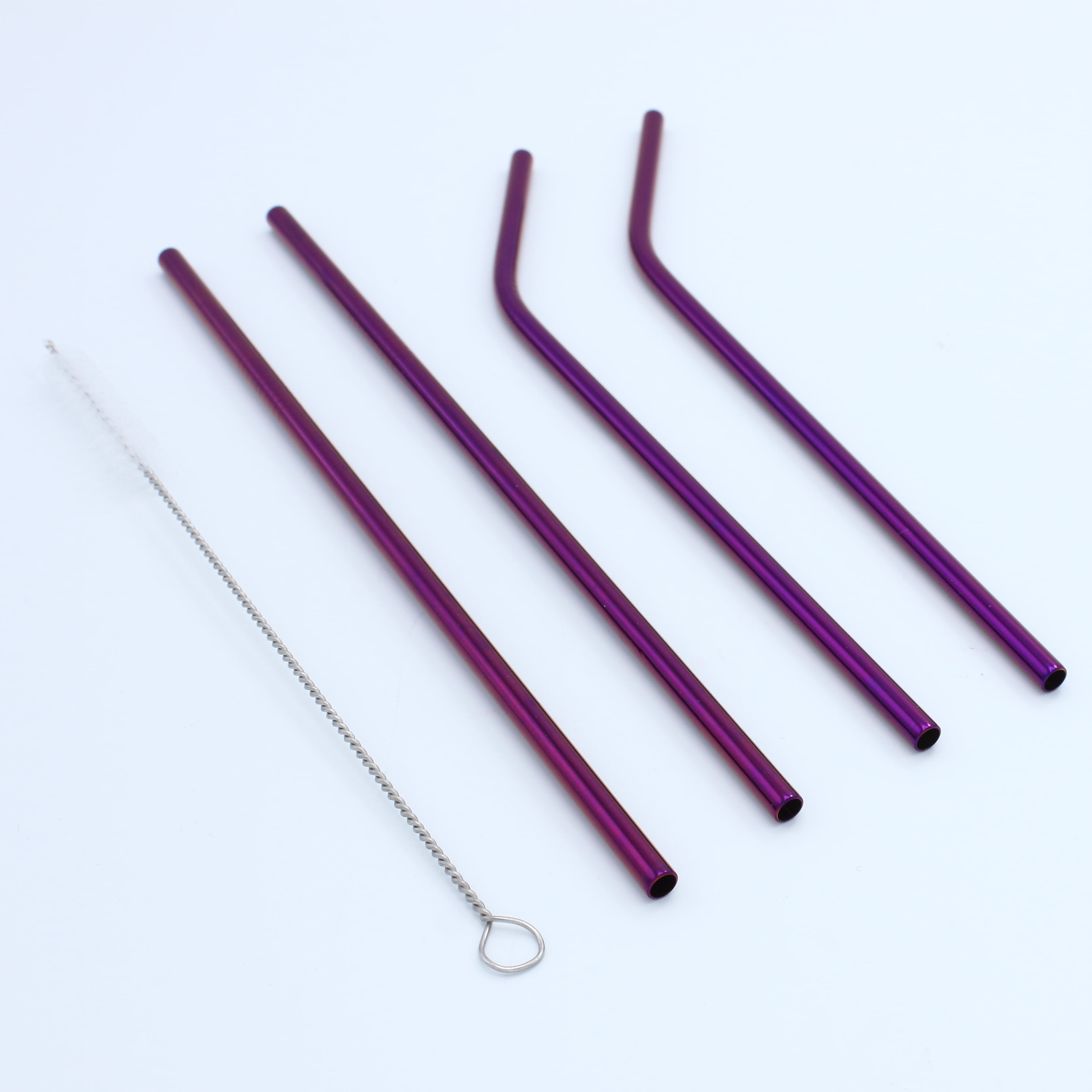 Purple Metal Straws 2x 8.5" Straw 1 Drawstring Bag+2 Soft Tips+1 Cleaner Brush 