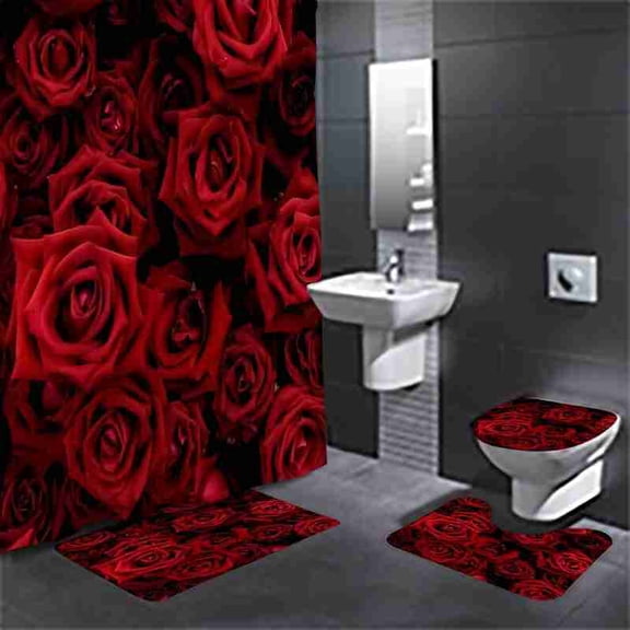 3D Realistic Red Rose 4-Piece Shower Curtain Set with Bath Mats and Toilet Lid Cover for Bathroom Decor