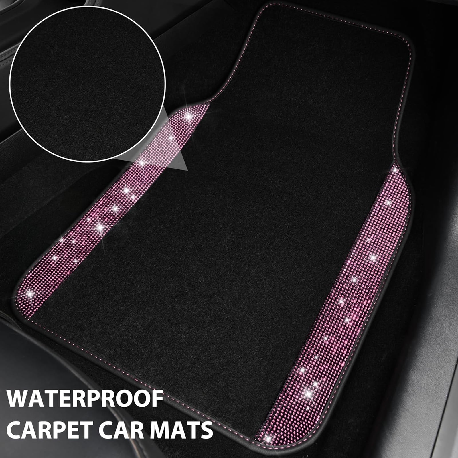 Car-Grand Bling Rhinestone Diamond car floor mats shining carpet sparkly glitter crytal with anti-slip heel waterproof universal fit cute girl women 4pcs Pink