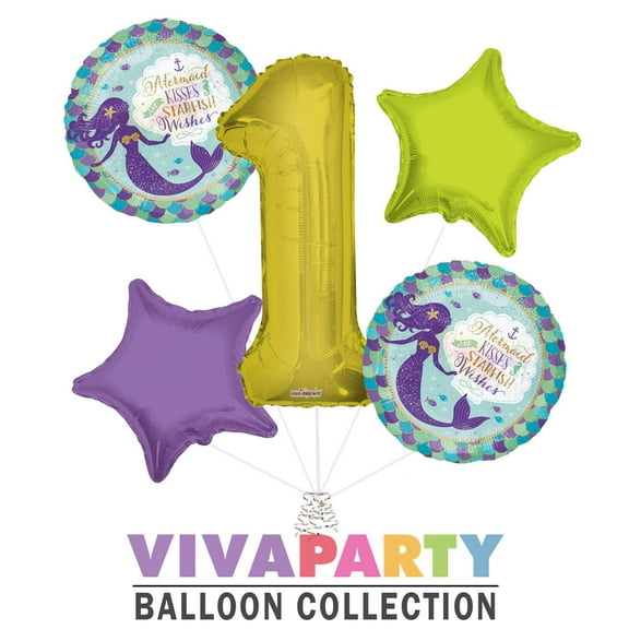 Mermaid Kisses and Starfish Wishes Round Balloon Bouquet 5 pc, 1st Birthday, Gold Number 1 Jumbo Balloon | Viva Party Balloon Collection