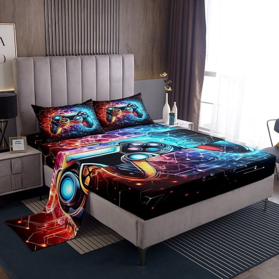 Erosebridal Teenager Gamepads Sheet Set Twin,Video Game Bedding Sets Twin Size,Hexagon Honeycomb Twin Sheet Sets,Breathable Geometric Bedroom Decoration,3pcs