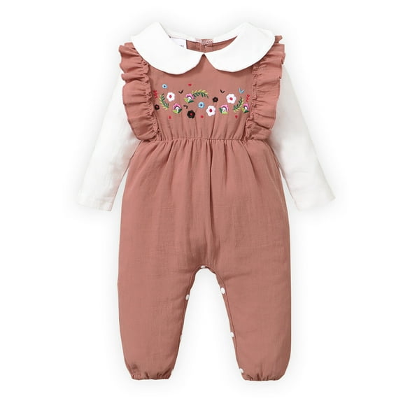 Newborn Baby Girls Clothes Baby Girls One Piece Jumpsuit Long Sleeve Round Neckline Overall Jumpsuit Pink 0-3 Months