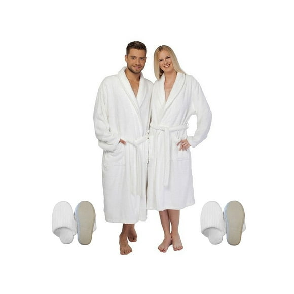 GIFT SET FOR COUPLES = 2 Plush Fleece Extra Soft Shawl Collar Spa Robes White Size: M- L/XL + 2 Pairs Plush Indoor Slippers Unisex