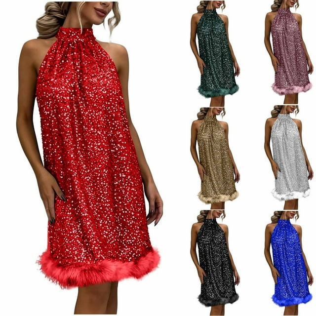 Mceream Robe à Sequins pour Femmes Grande Taille Soirée Pailletée Sans Manches Coupe Ample Épaules Dénudées Mini Robe 2026 Boho Robe d'Été Rouge m