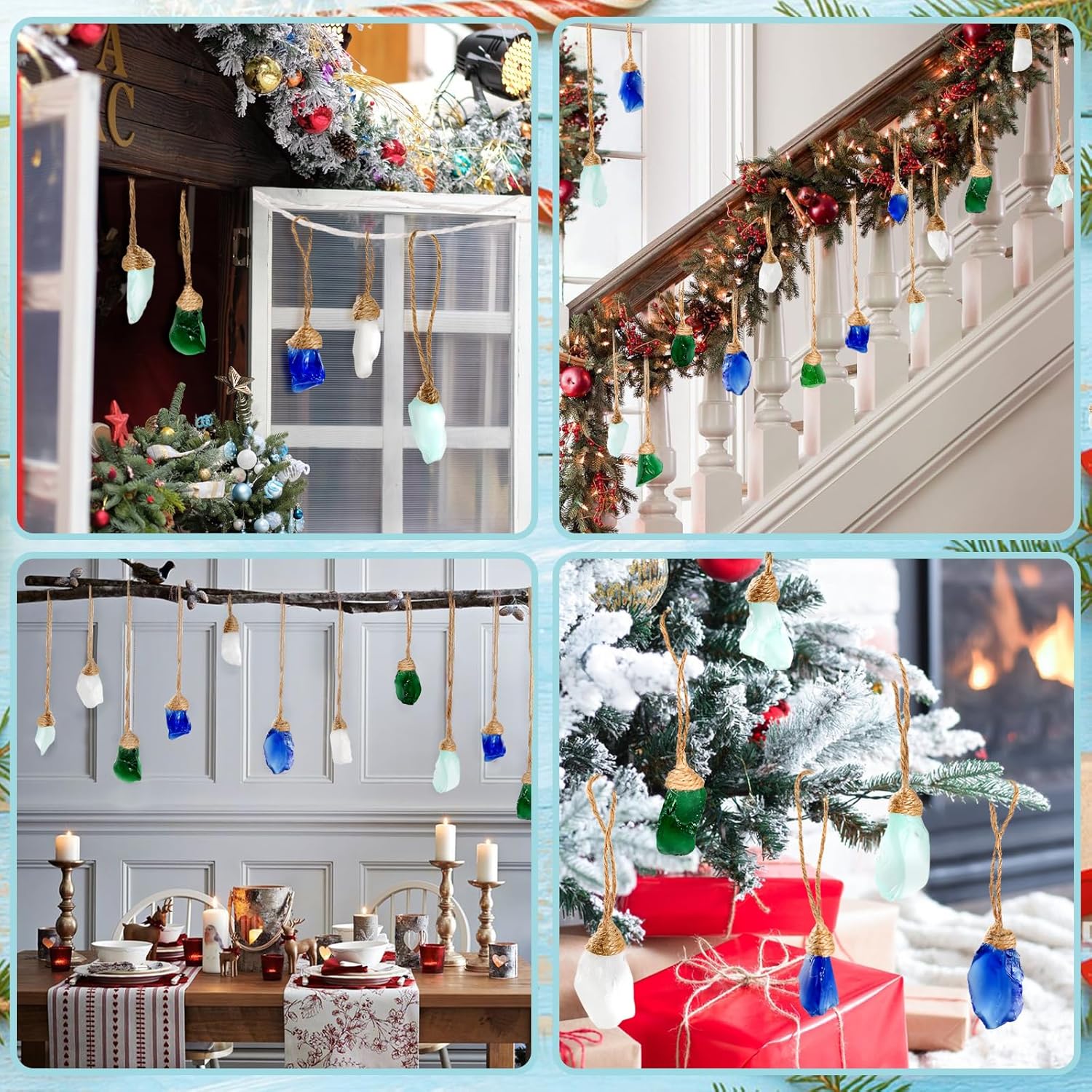 Sinkoo 24pcs Sea Glass Christmas Ornaments, Handmade Seaglass Block Crafts Coastal Beach Hanging Ornament Sets for Christmas Tree Party Weddings Decor