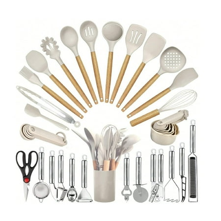 Kitchen Utensils Set- 35 PCs Cooking Utensils With Grater,Tongs, Spoon Spatula &Turner Made Of Heat Resistant Top Grade Silicone And Wooden Handles Kitchen Gadgets