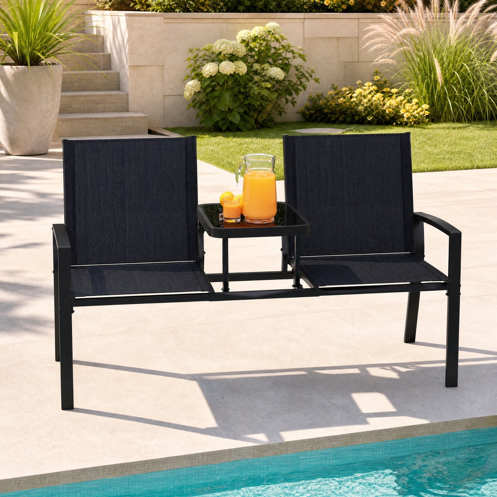 Furnibear Patio Loveseat with Built in Table and Breathable Fabric Back for Porch Garden and Poolside Outdoor Seating, Black