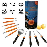 Pumpkin Carving Kit, Halloween 13 Pieces Upgrade Soft Grip Handle Pumpkin Carving Kit with Stencils, Heavy Duty Stainless Steel Carving Kit with Zipper Bag & 2 LED Candles for Halloween Jack-O-Lantern