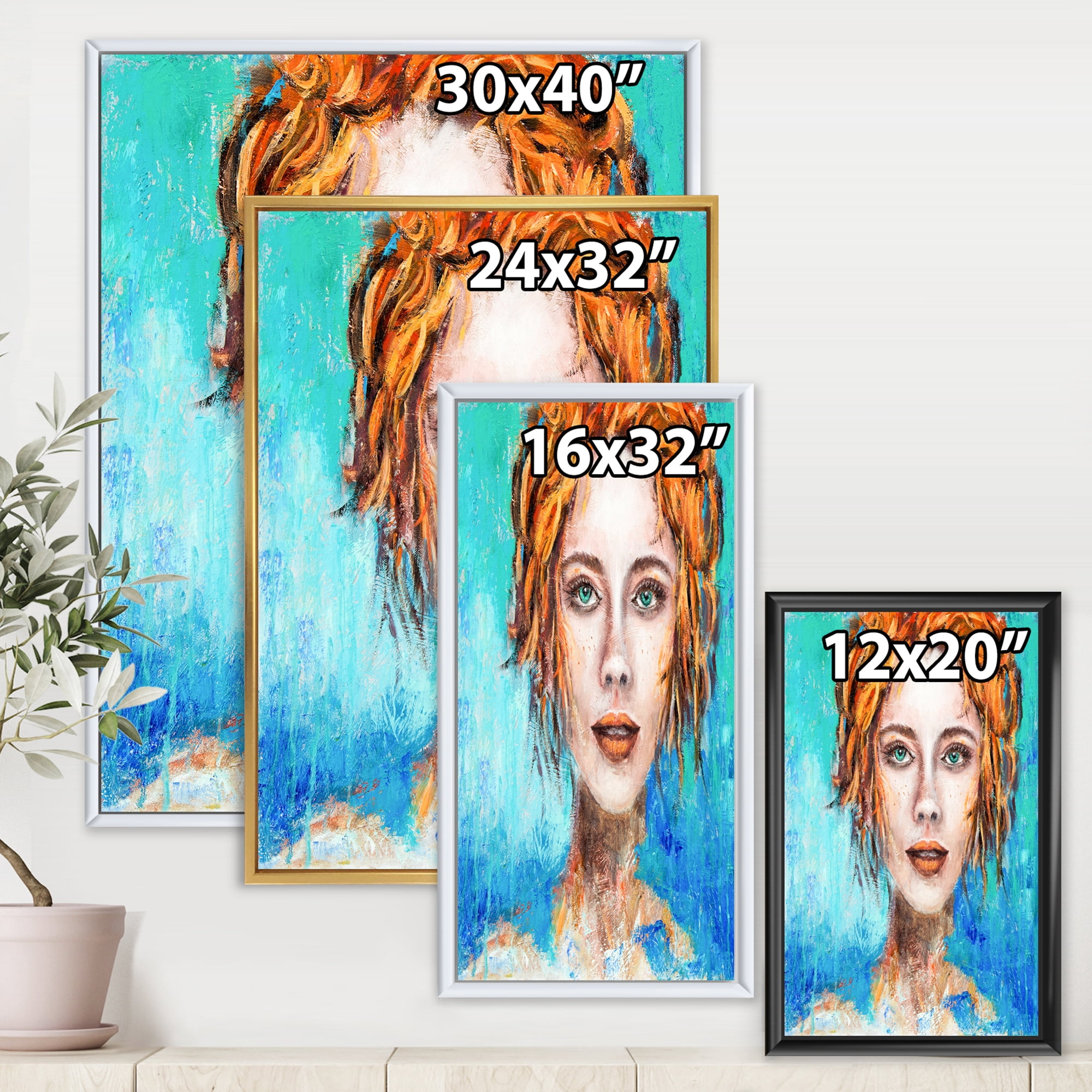 Designart 'A Woman Face With Red Hair And Green Eyes' Modern Framed Canvas Wall Art Print