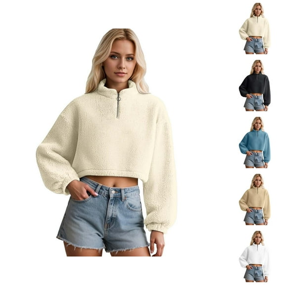 Clothes for Women Women's Solid Color Sweatshirt Women's Zip Up Sweatshirt Half High Neck Long Sleeve Cropped Pullover Soft Warm Casual Winter Fall Spring Tops Outerwear