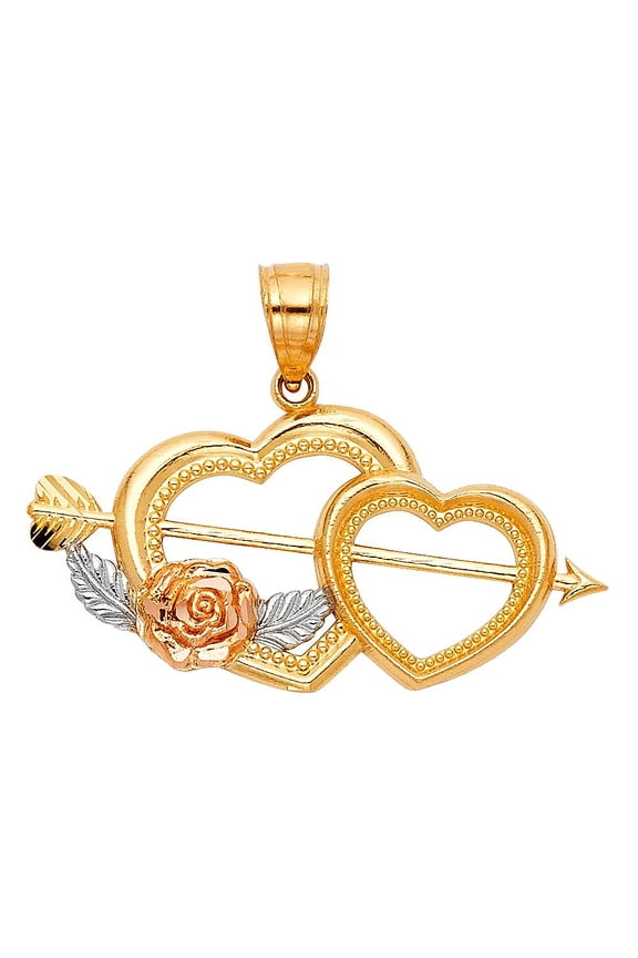 14K 2T Cupid Arrow Double Heart Pendant